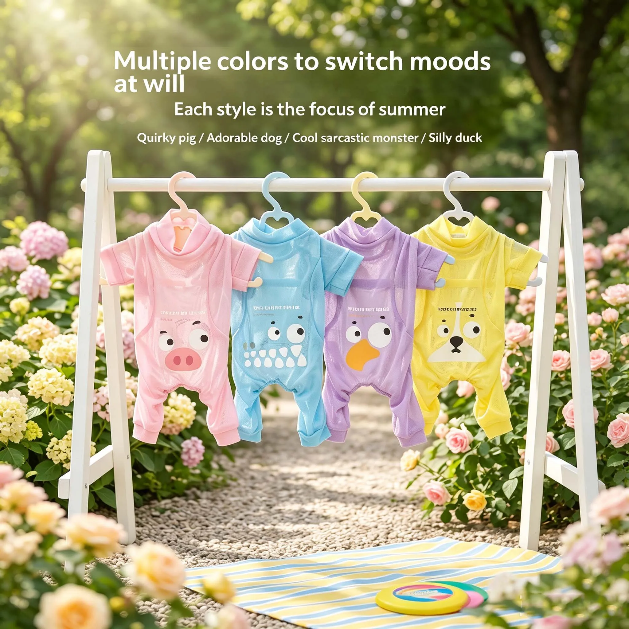 Sommerlicher, atmungsaktiver Air-Mesh-Overall für vierbeinige Hunde, Dopamin-Farben-Cartoon-Print, schweißableitend, Sonnenschutz, Anti-Haarausfall, Anti-Feuchtigkeit