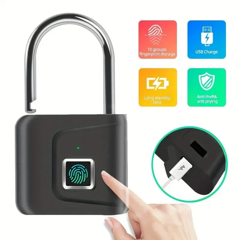 Imagem -02 - Usb Recarregável Fingerprint Smart Cadeado Keyless Door Lock Portátil Bolsa Gaveta Mala Ginásio Escola