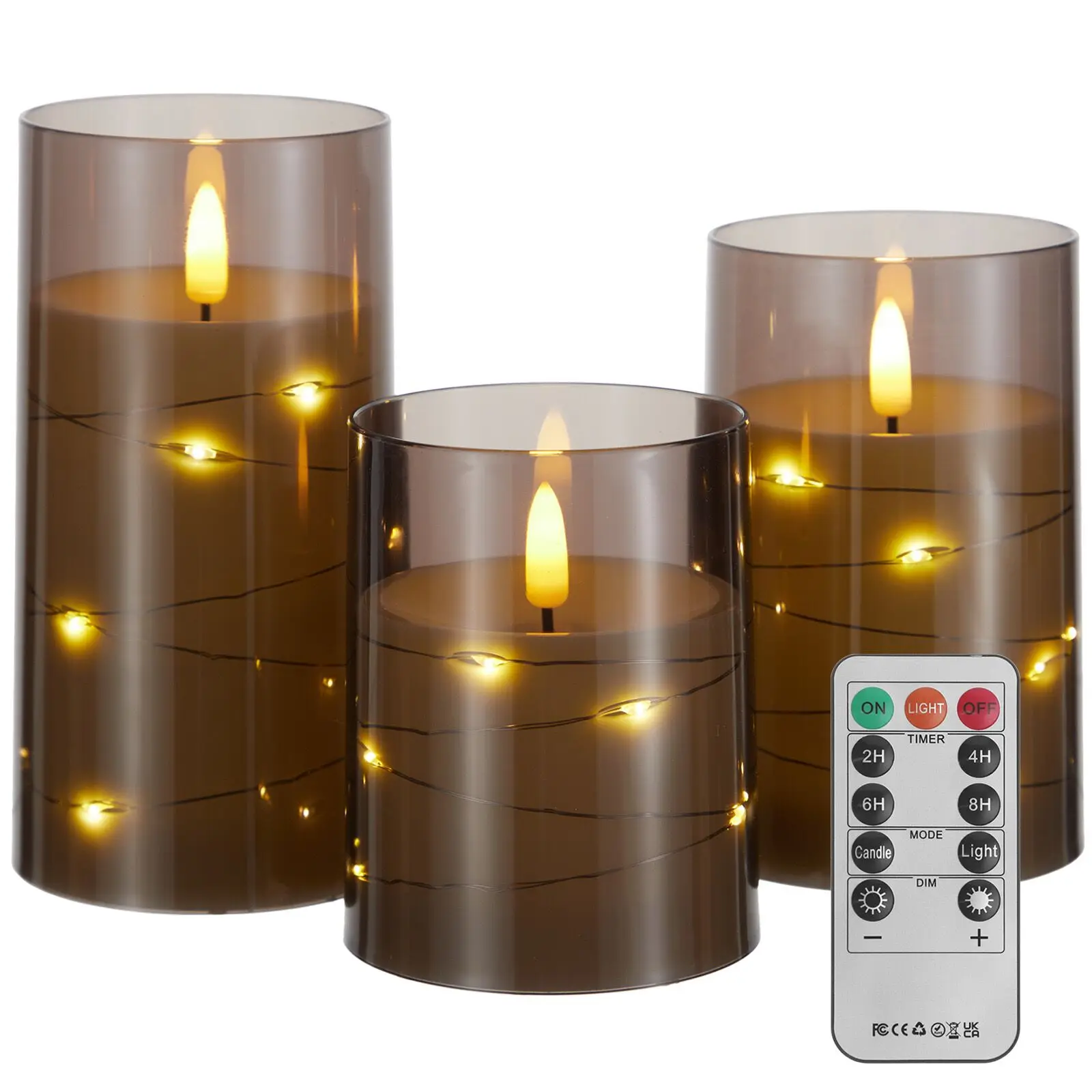 Pack of 3 Flickering Candle Unbreakable PlexiGlass LED Battery operate 3D wick Candles w/Remote embedded with string table Decor