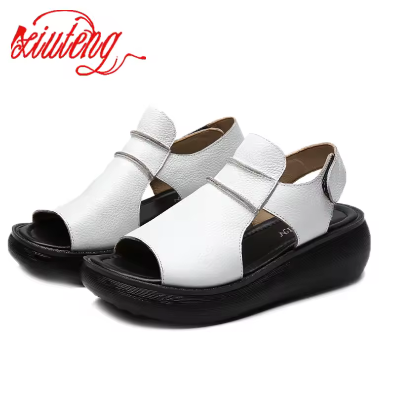 Xiuteng 2024 Women Genuine Leather Shoes  Summer Wedge Platform Gladiator Sandals Women Open Toe Retro Casual High Heel Sandals Products on AliExpress