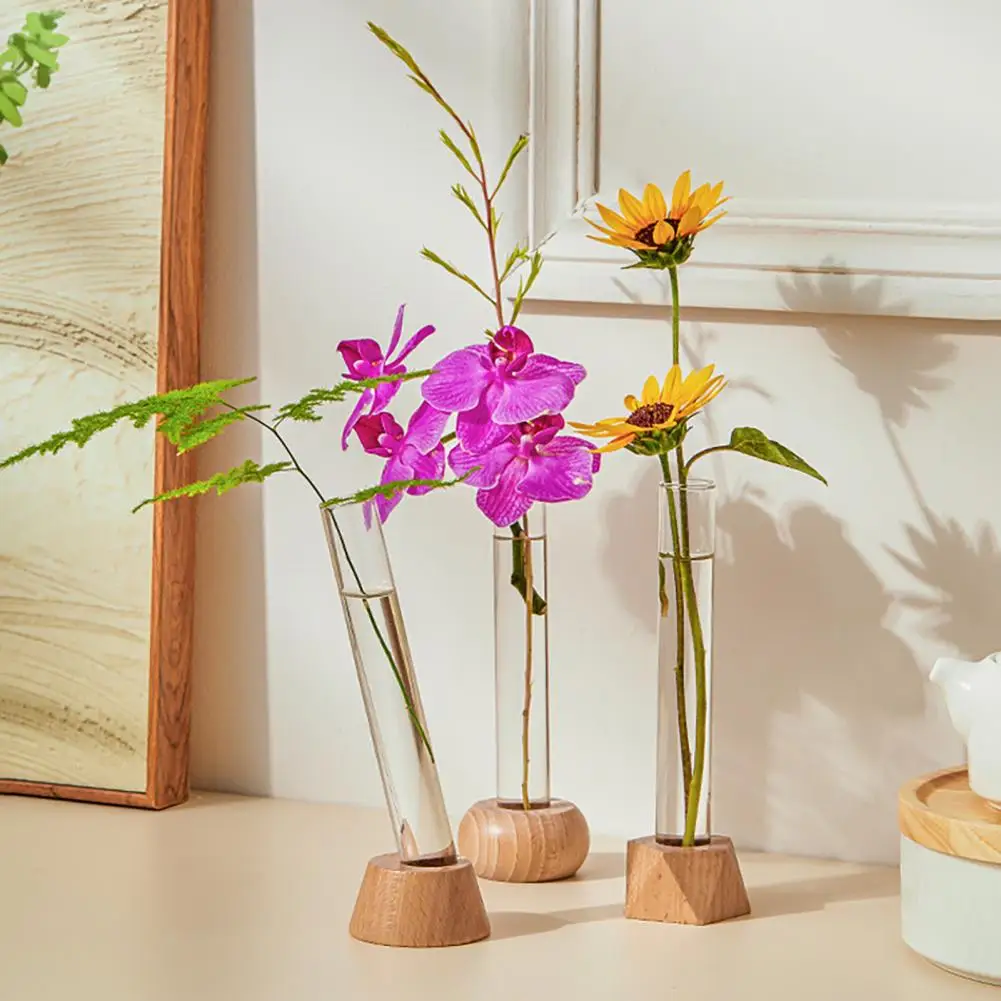 Glass Vase for Room Glass Test Tube Vases with Wooden Stand for Hydroponic Plants Flower Arrangements Decorative for Study