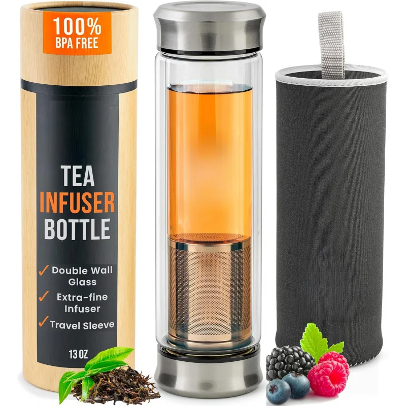 

13oz Tumbler with Stainless Steel Infuser | Double Wall Glass | Leakproof Bottle for Tea/Fruit Water (Gift Set)