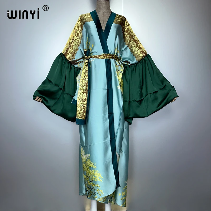WINYI print Hanfu Kimono Evening dress Beach Wear Cover up Africa women loose puff(ed) sleeves Cardigan boho Holiday kaftan