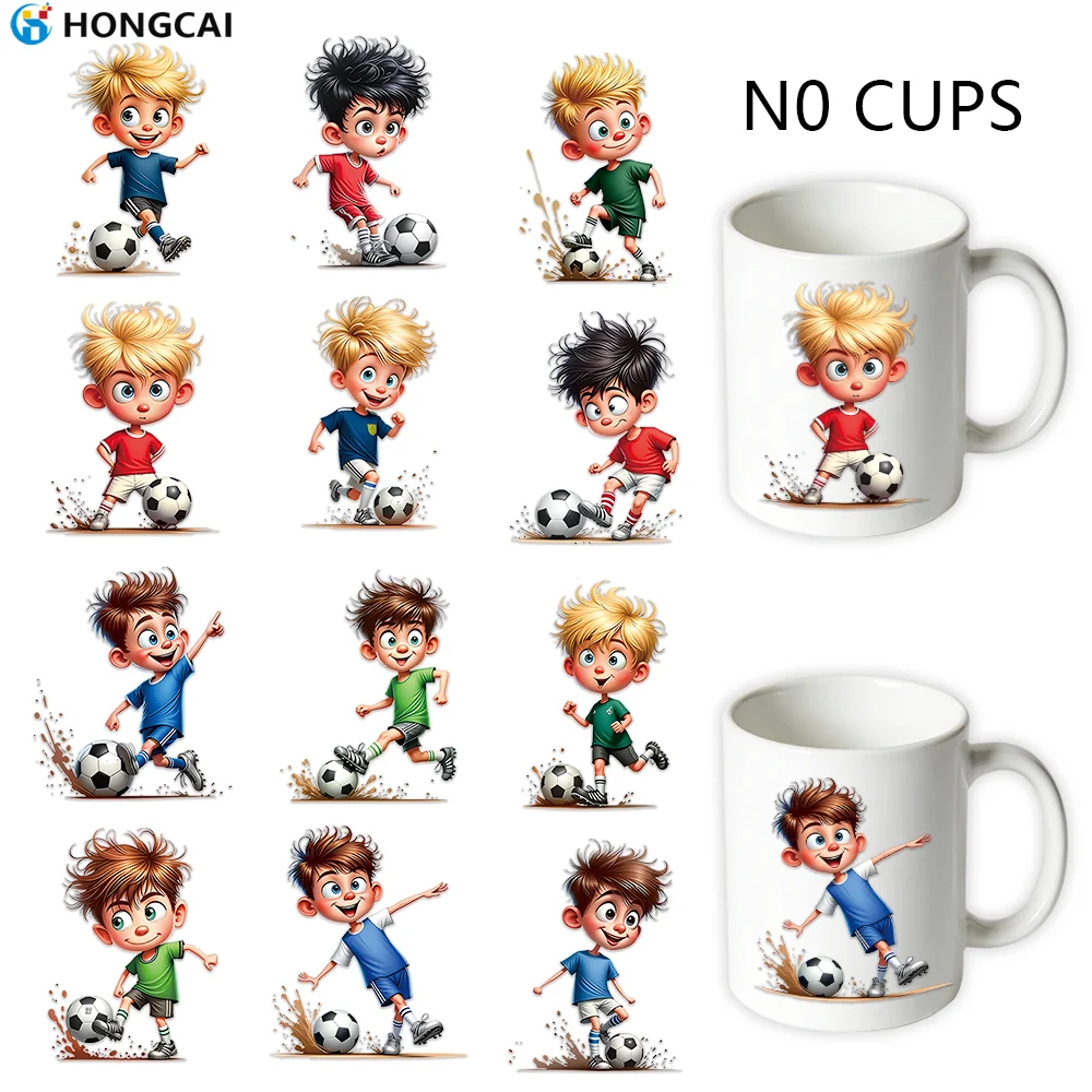 

Набор из 12 УФ-наклеек DTF с мультяшными футболистами, подходящих для кружек, спортивной продукции и поделок своими руками для родителей и детей.