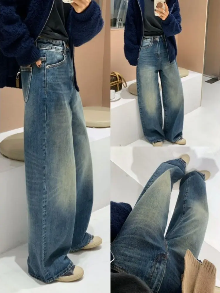 

Джинсы Feita с высокой талией, прямые, винтажные, облегающие, с широкими штанинами, длинные, осенние, повседневные, хлопковые, на молнии