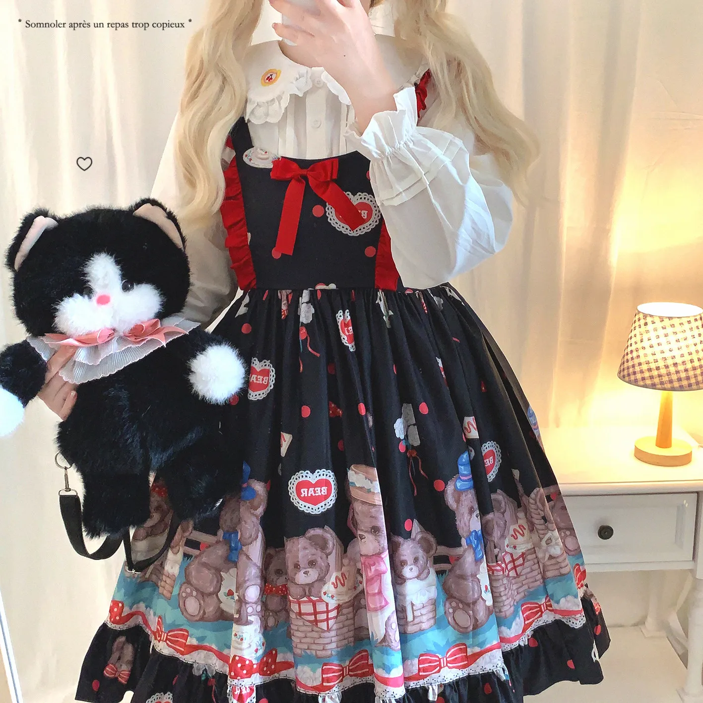 

Japanese Kawaii Lolita JSK Dress Retro Polka Dot Cute Bear Print Party Mini Dresses Ruffled Lolita Suspender Dress