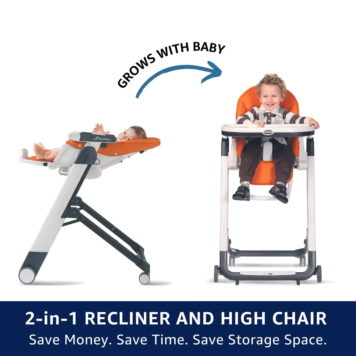 Grow With Baby Folding High Chair & Recliner, Height Adjustable, Quick Clean & Easy Push Wheels For Babies & Toddlers