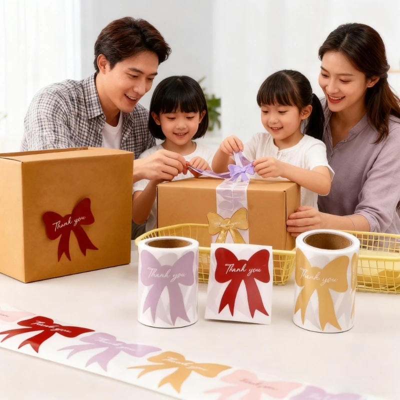 HX6A 120Pcs Ribbon Bowknot PVC Sticker Adhesive Thank You Labels Sticker for Birthday Wedding Party Gift Packaging Decoration