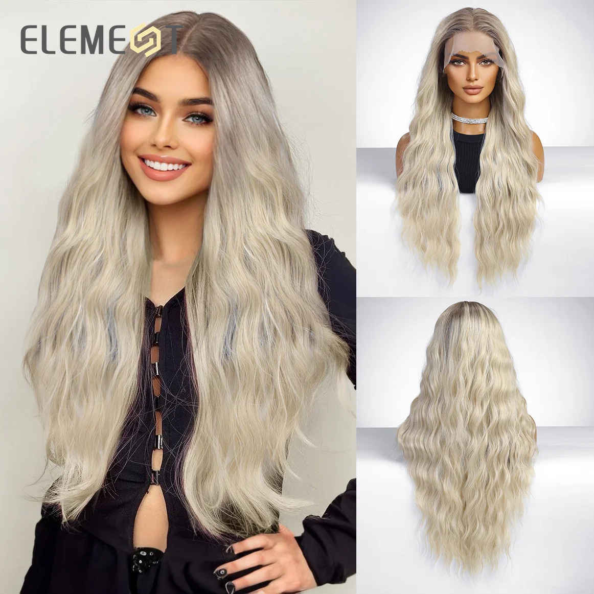 

ELEMENT HD 13*4 Lace Front Wigs Synthetic Hair Long Curly Wavy Ombre White Blonde Hair Wig Daily Party Wig for Women Natural Use