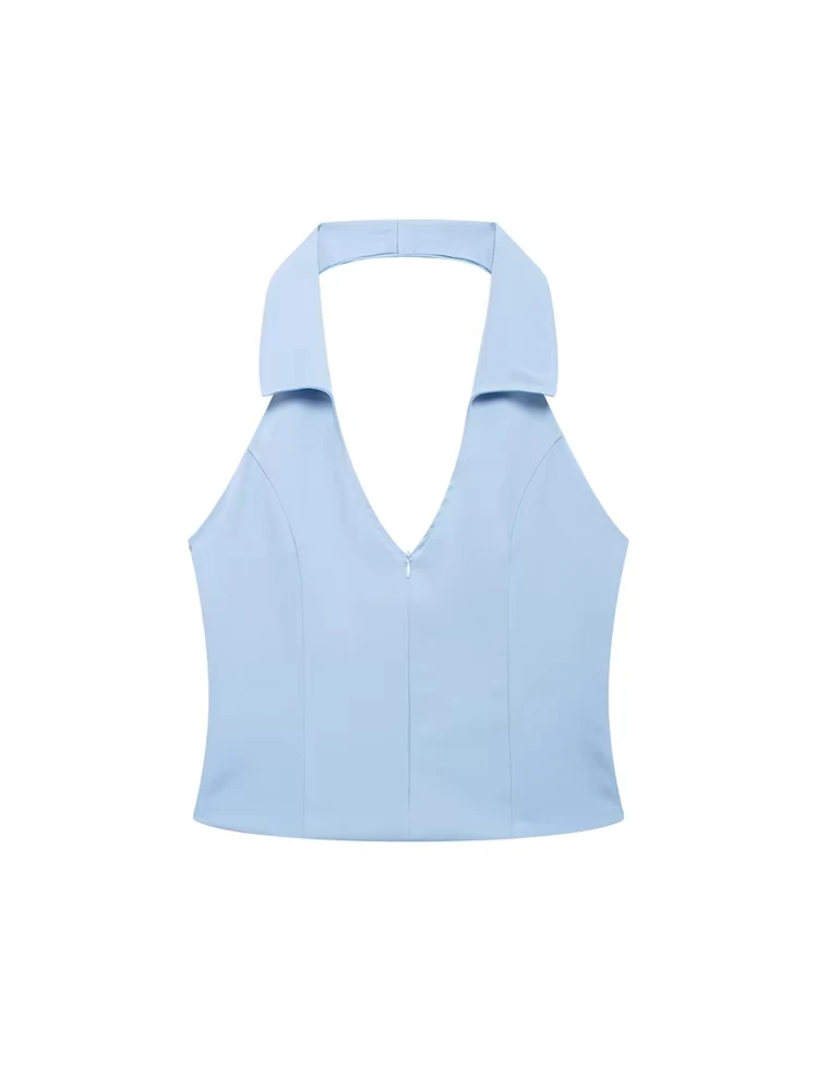 

TRZA-Sleeveless Backless Tank Tops for Women, Front Zipper, Hlaterneck, Female Camis, Sexy Fashion