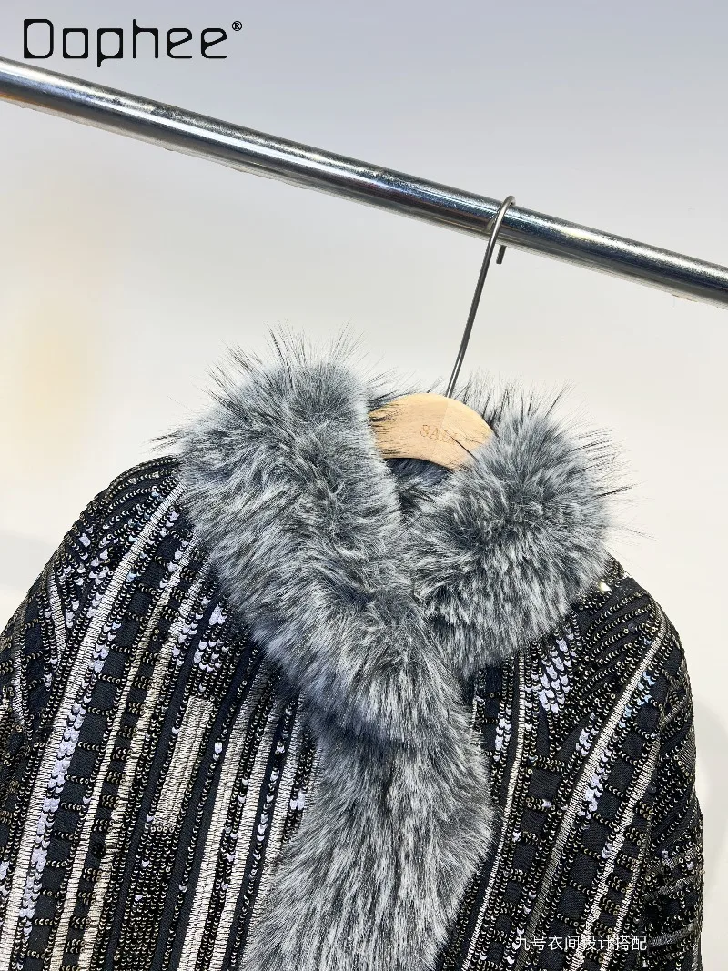 Heavy Industry Beaded Sequin Faux Fur Coat for Women 2025 Winter New High End Elegant Fashion Thicken Loose Warm Fur Jacket