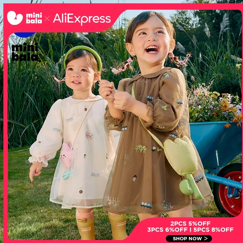 

Mini Bala Mesh Dress Girls' Doll Collar Embroidered Sweet Lace Cute Dress