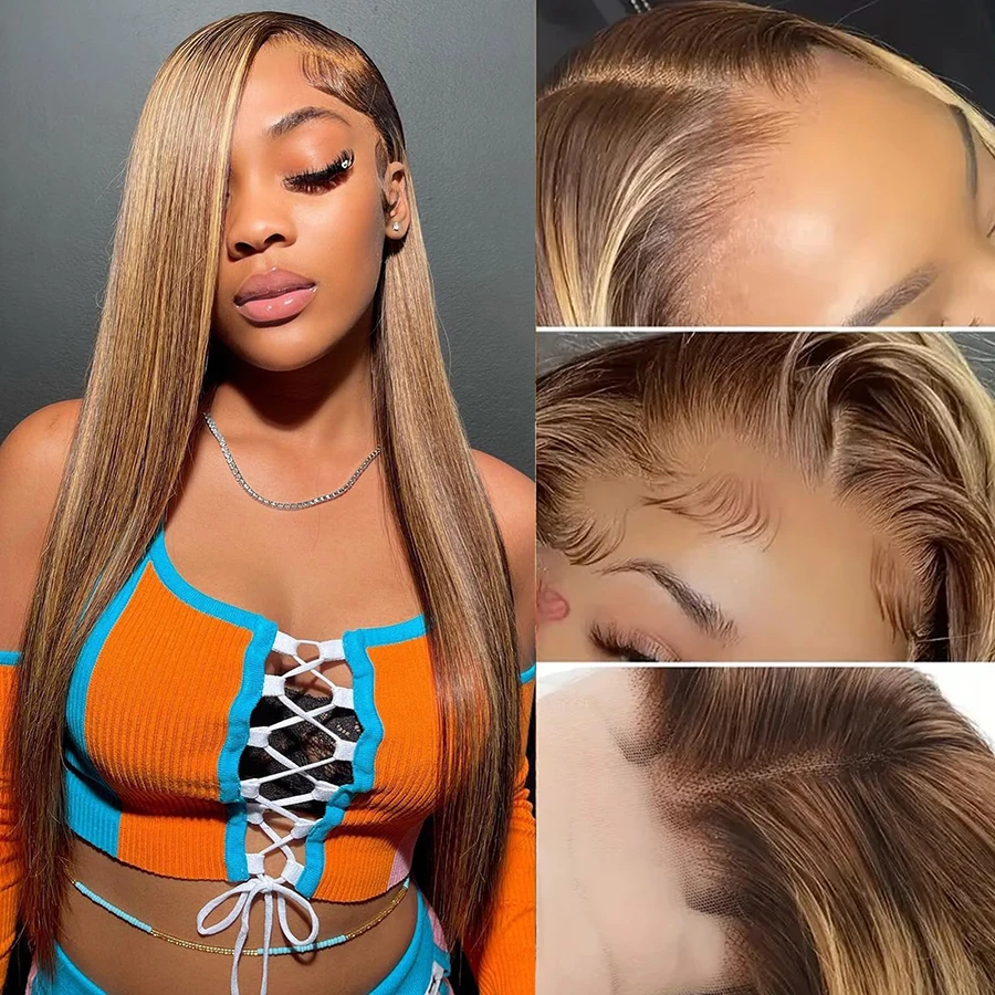 13x4 resalta el cabello humano recto de las pelucas del frente del cordón de Ombre pre desplumado # 4/27 Color rubio miel brasileño para mujer