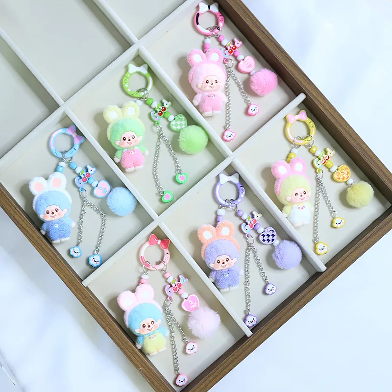 Flocking Monchichi Keychains with Bow Cute Monchichi Keychain Pendant for Bags Anime Bags Charm Keyring Girls Bag Pendant Gifts