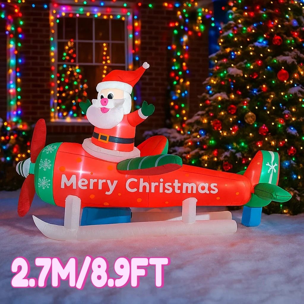2.7M/8.9FT 크리스마스 장식품 풍선 장난감 산타클로스 비행기 집 마당 장식 LED 크리스마스 야외 파티 장난감
