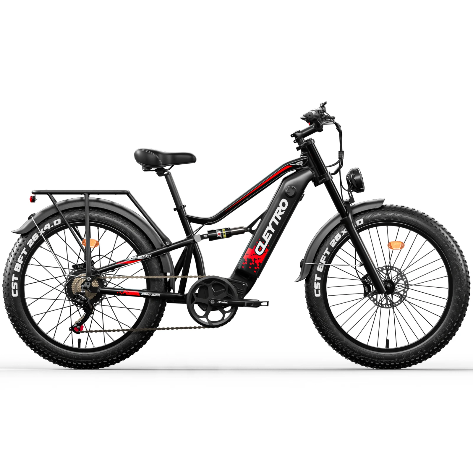 Vélo électrique adulte Cleytro, pneus tout-terrain de 26 pouces, moteur 750W, batterie 48V 18Ah, suspension intégrale, autonomie 45-90 km. Noir.
