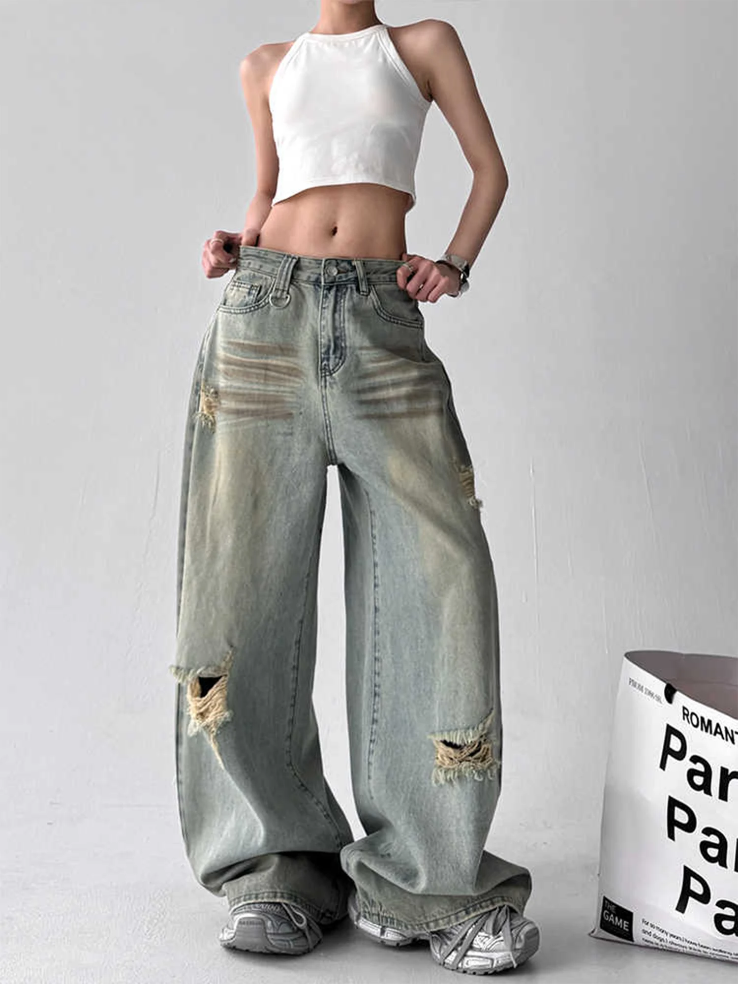 

Женские синие мешковатые рваные джинсы Y2k, японский стиль 2000-х годов, джинсовые брюки-бойфренды, винтажные джинсовые брюки большого размера в стиле Харадзюку, осень 2023 г.