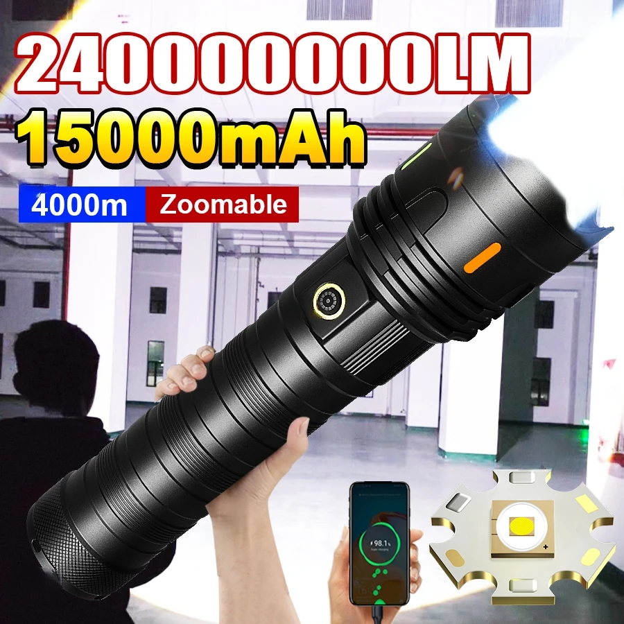 NEW Ultra Bright 1500W Flashlight 4km Emergency Spotlight Most Powerful Led Tactical Flashlights Built-in Battery Camping Torch