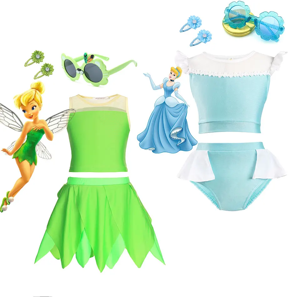 Cute Disney Princess Cinderella Two Pieces Swimsuit Tinker Bell Pool Swimwear Summer Girl Beach Bikini Toddler Swimming Clothing