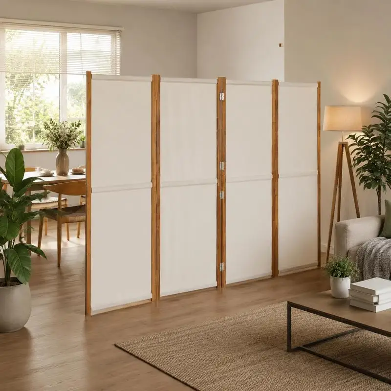 Paravent séparateur d'espace 280 x 180 cm en bois d'acacia massif et textilène, design pliable peu encombrant, multi-usages, expédié depuis un entrepôt local