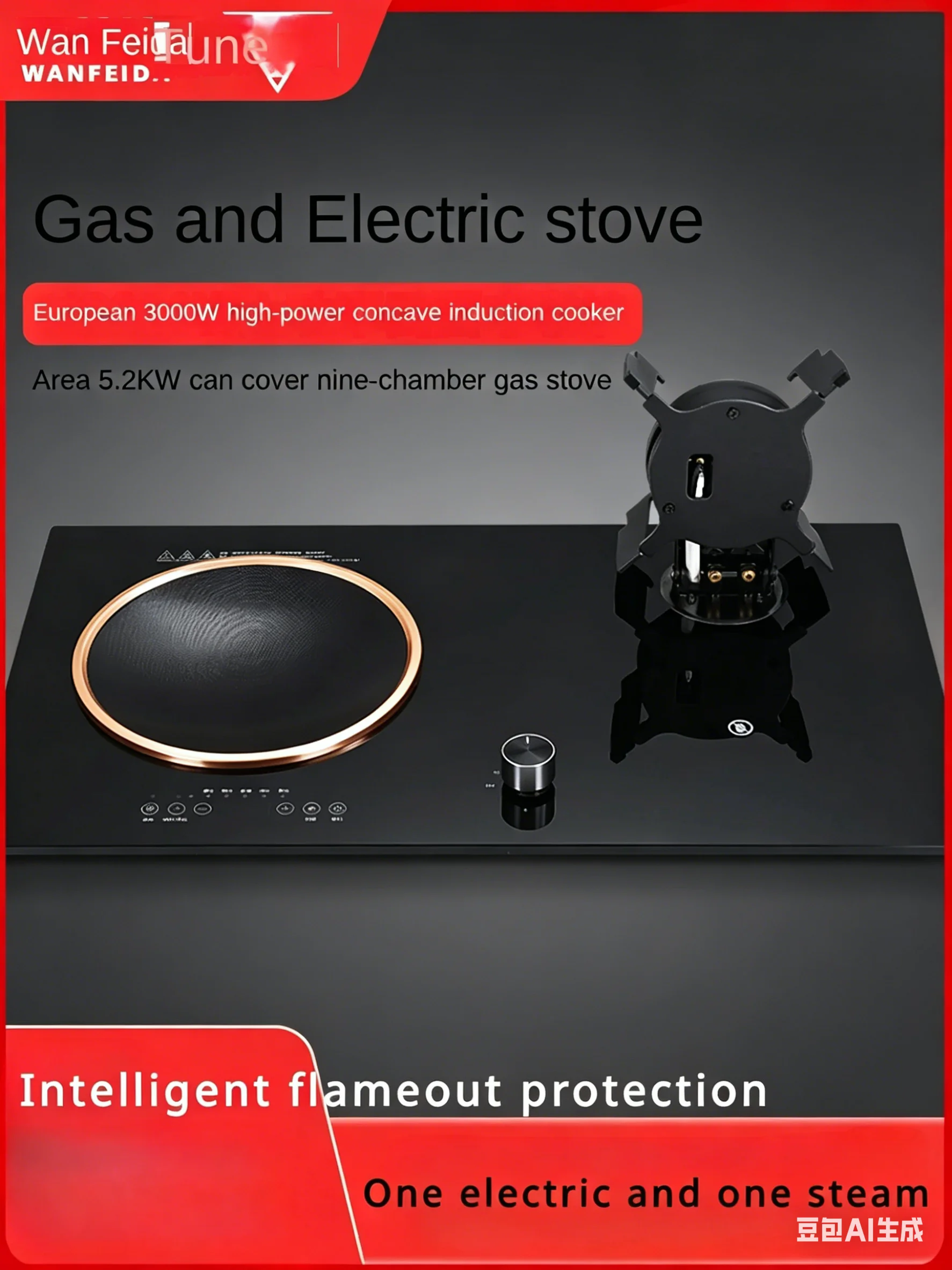 Gas and Electric Dual Purpose Cooktop, Concave Induction Stove Embedded Household LPG Natural Gas Double Burner
