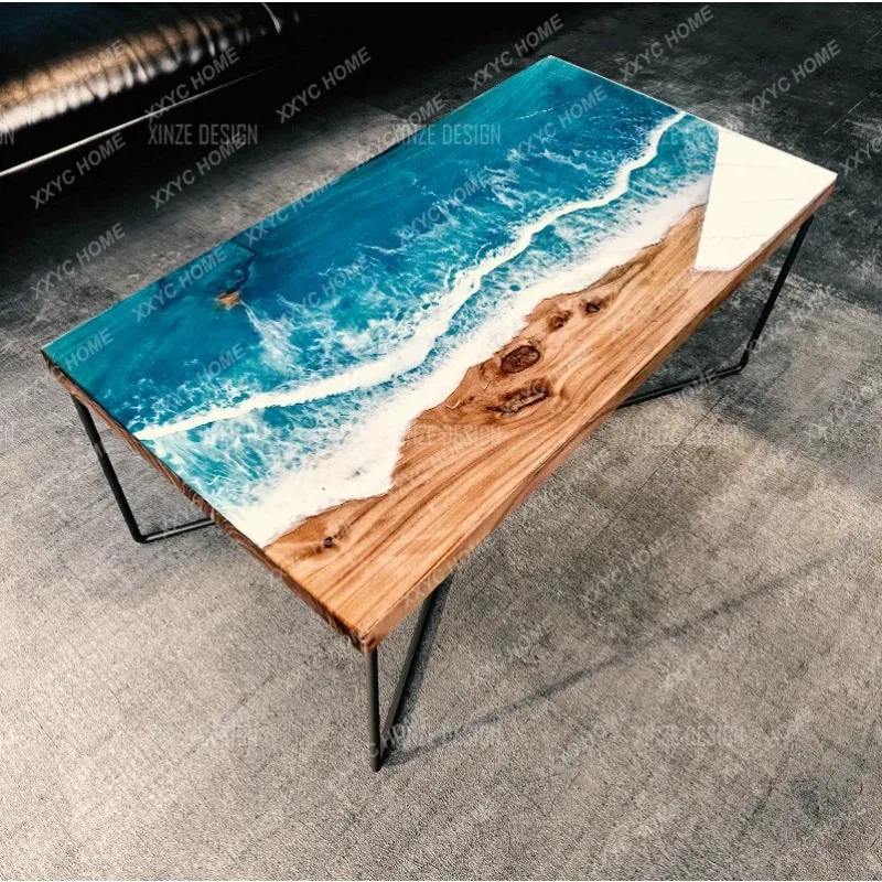 Creative art dining table epoxy resin river solid wood splicing creative resin ocean coffee table