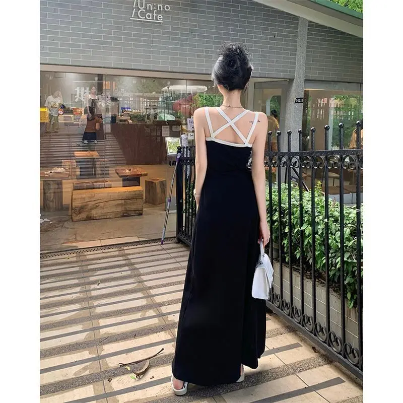 Women  Summer Sexy O Neck Slip Long Dresses Back Hollow Out Spaghetti Strap Street Fashion Black Spliced Bodycon Maxi Dress 2xl