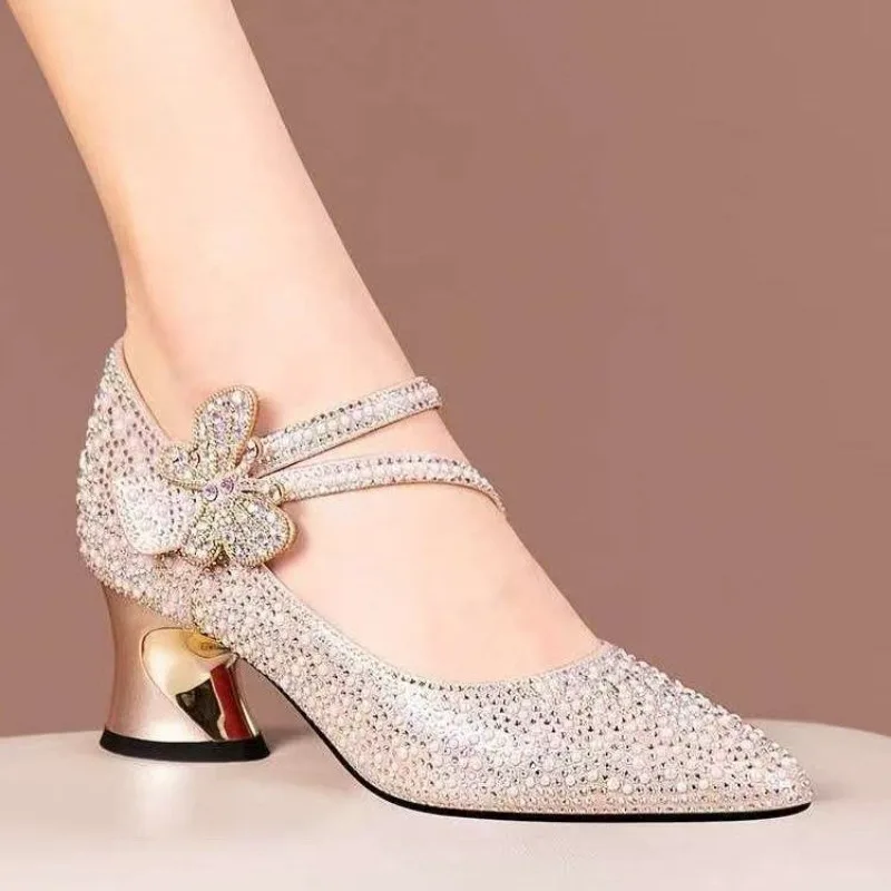 Women Sparkly Rhinestone Bridal Pumps Pointed Toe Butterfly Crystal Double Straps Metallic Sculpted Heel Party Shoes