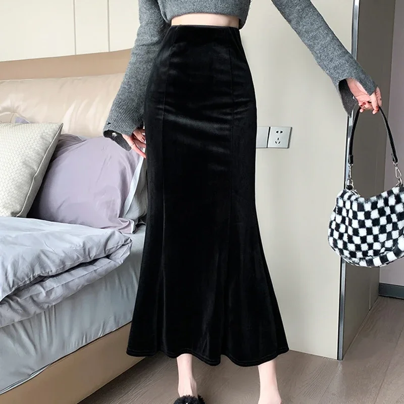 Elegant Velvet Black Long Skirts Women 2026 Casual High Waist Faldas Sexy Mujer Slim Korean Style Y2k Clothes Vintage Midi Skirt