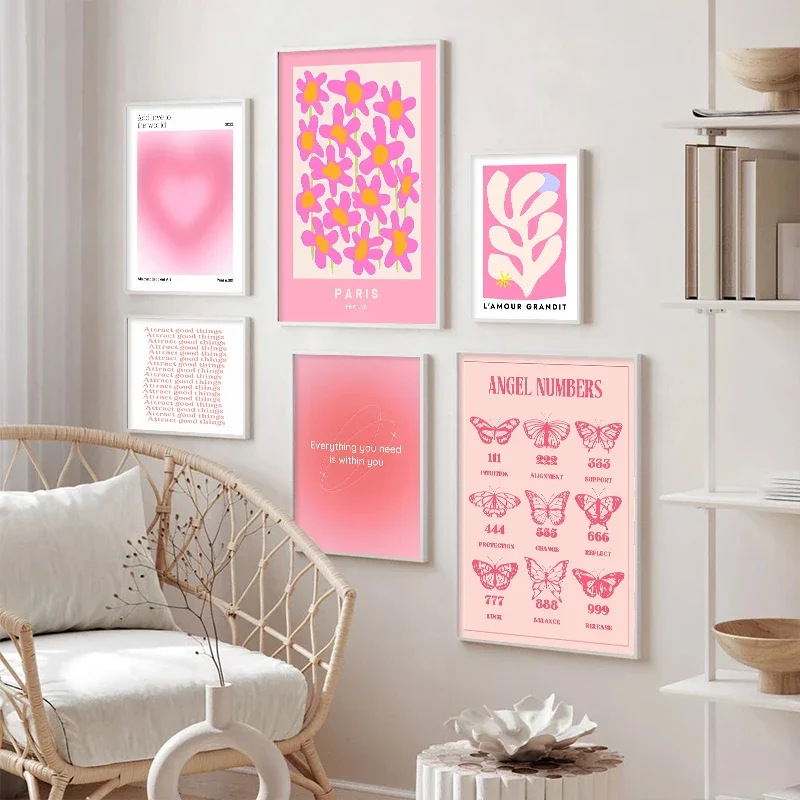 Multiple sizes 1pc frameless Canvas Painting,Pink Flower Market Exhibition Canvas Painting Angel Number Abstract Poster Wall Art