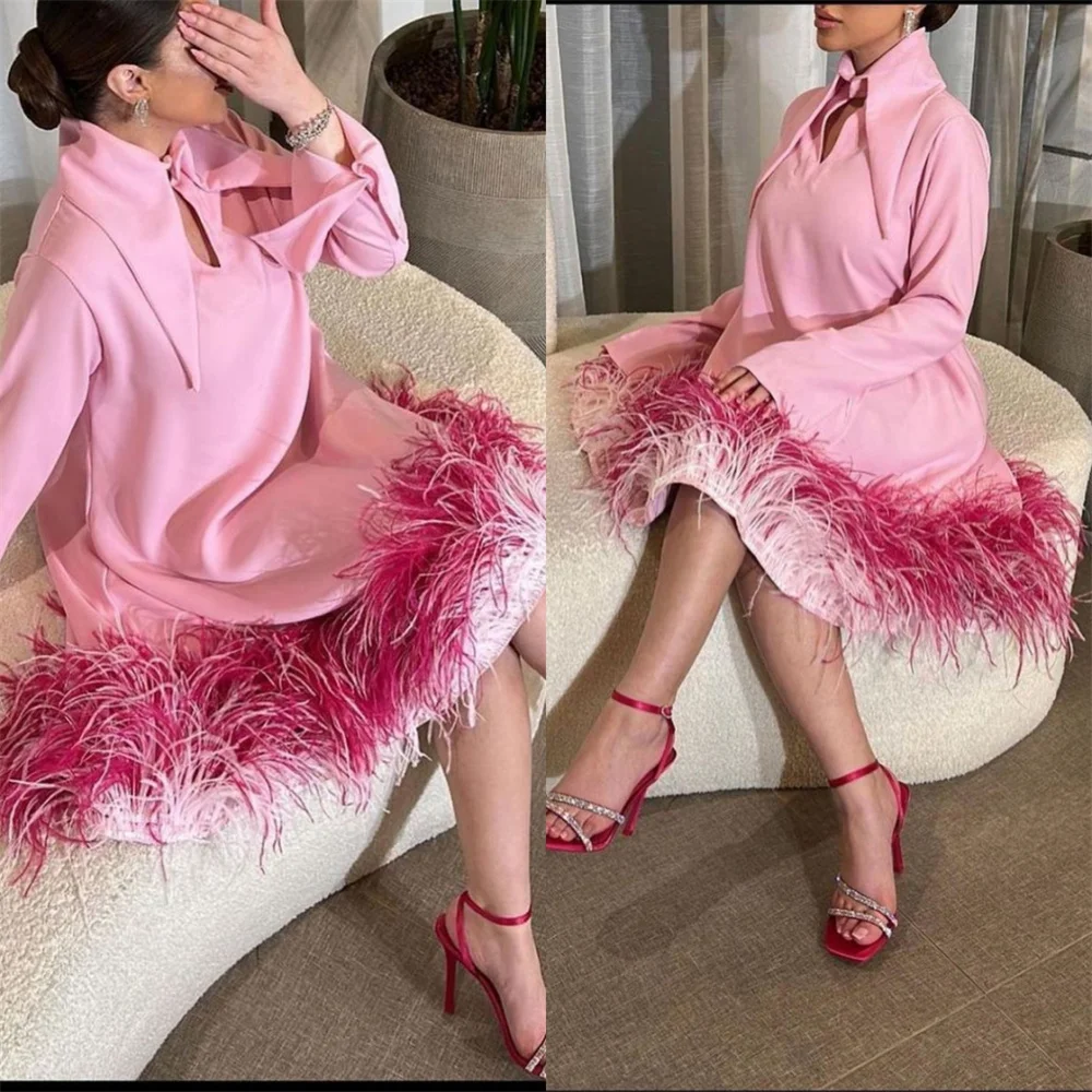 Jiayigong  Jersey Feather Ruched Homecoming A-line High Collar Bespoke Occasion Gown Midi Dresses Sexy Casual 