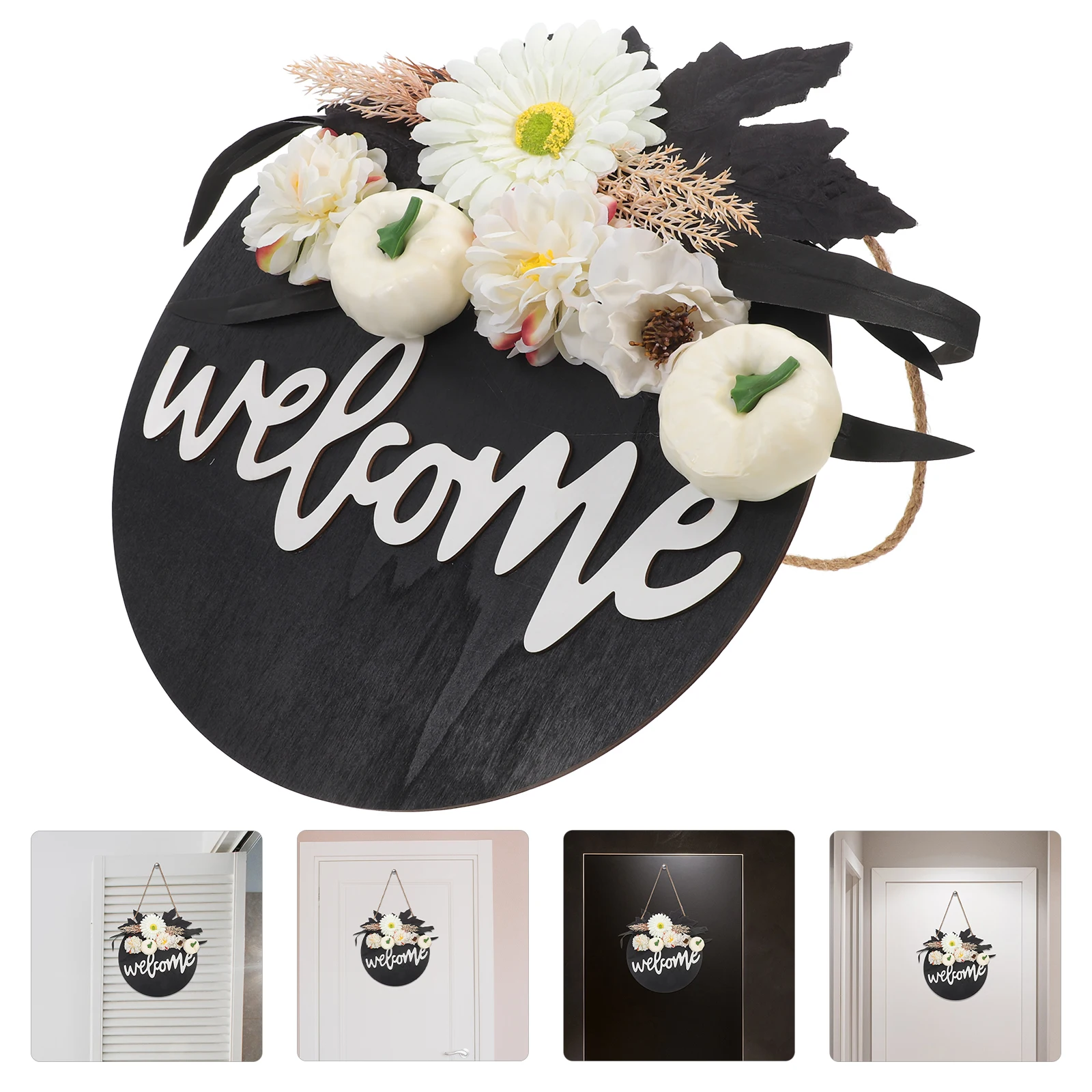 

Simulated White Chrysanthemum Decoration Halloween Door Hanger Black Silk Cloth