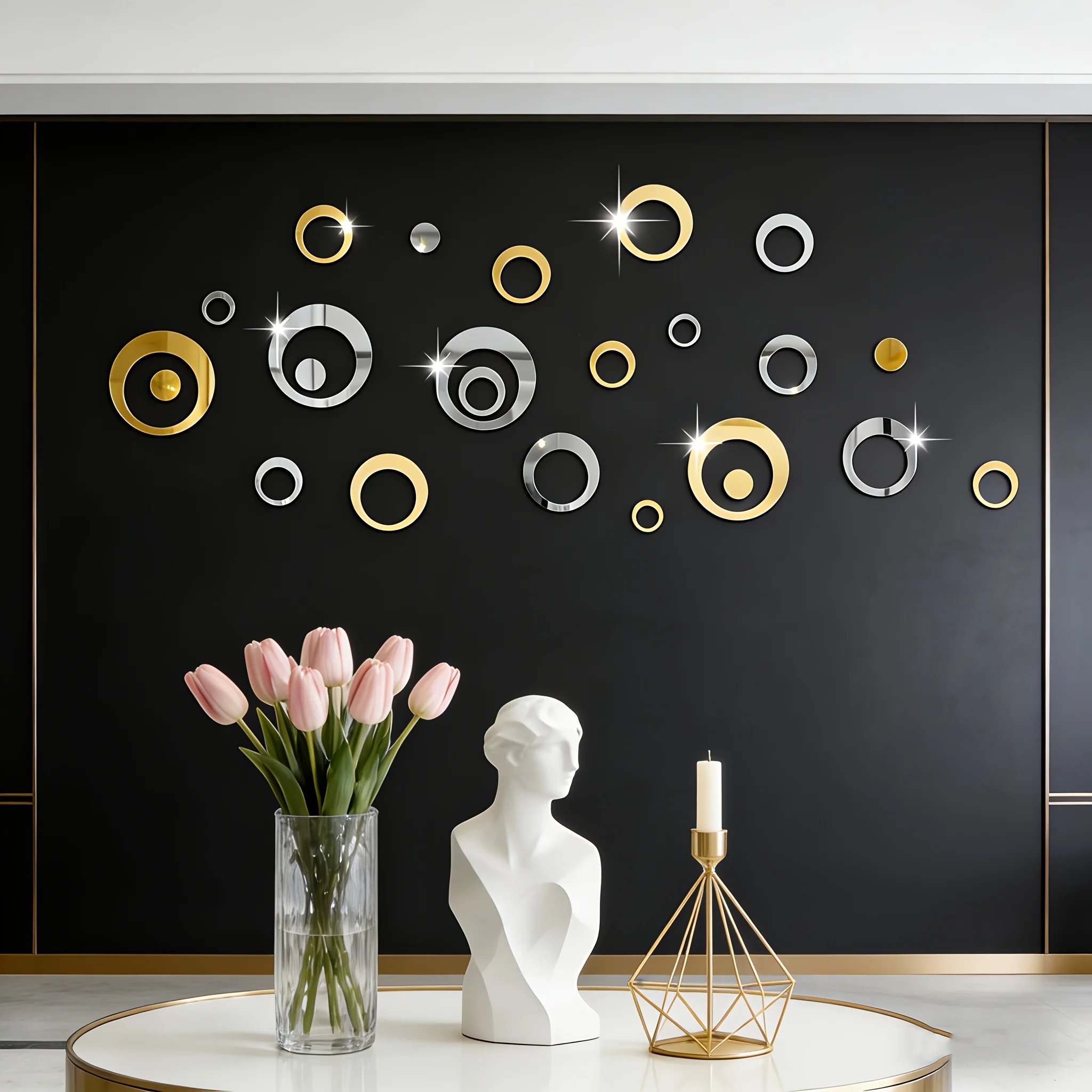 High Value 144pcs Gold Silver Hollow Ring Acrylic Mirror Wall Stickers Ornaments DIY Background Wall Home Decor Bedroom Decor