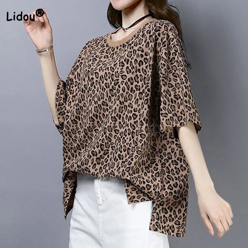 

Korean Trend Leopard Printed Short Sleeve T-Shirt Fashion Summer Women's Clothing Crew Neck Loose Midi Bottoming Top 6XL