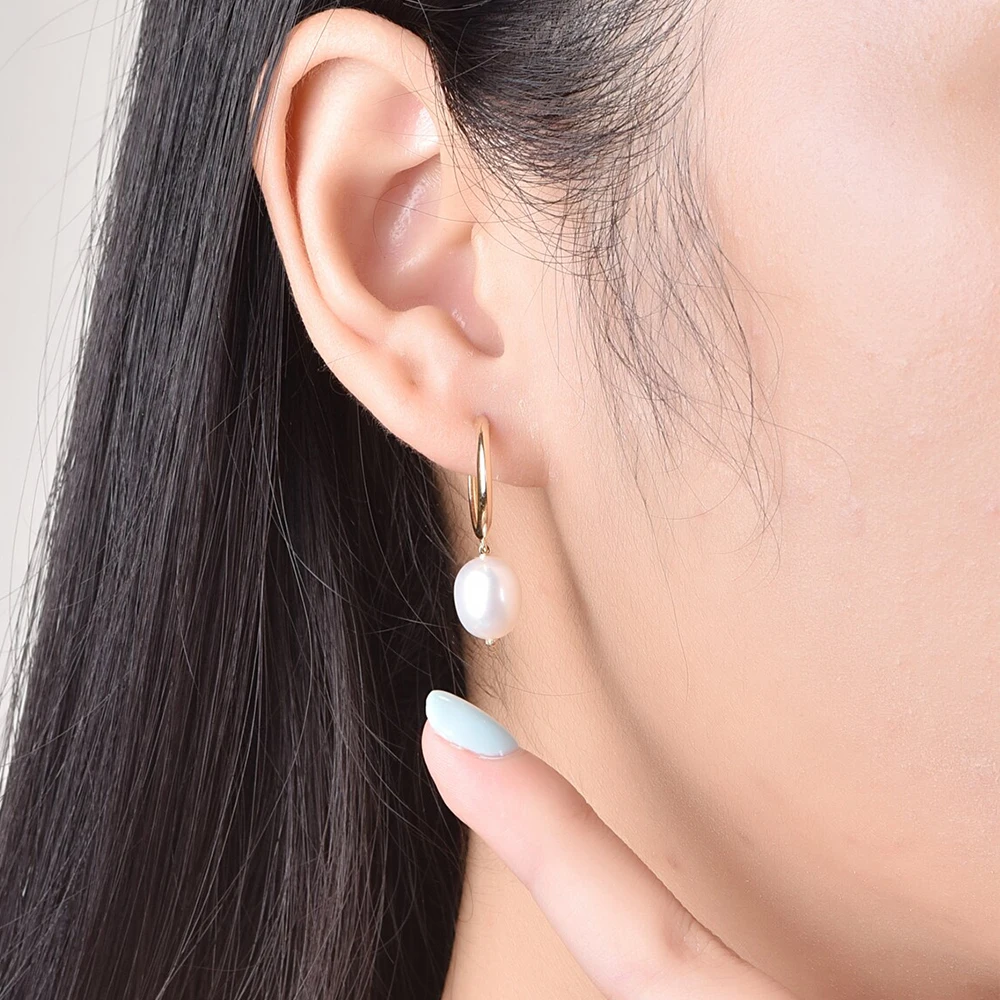 EManco Fashion Natural Freshwater Pearl Pendant Earrings Large Hoop Stainless Steel Gold Color Earrings Gifts for Women
