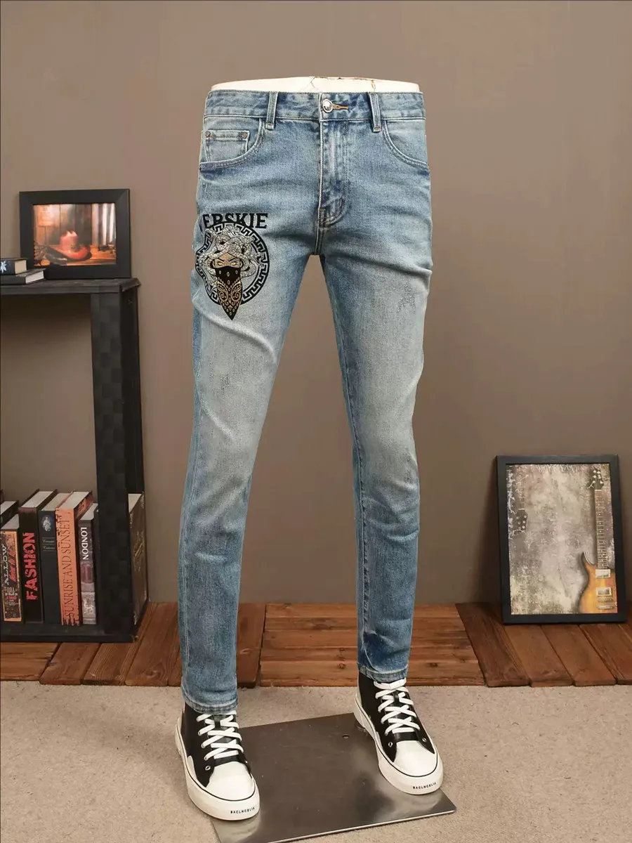 

Мужские джинсы Thiened Slim Fit: повседневные, модные, с высокой талией, вышивкой и стразами, из денима, осенне-зимние, из смесового хлопка и полиэстера