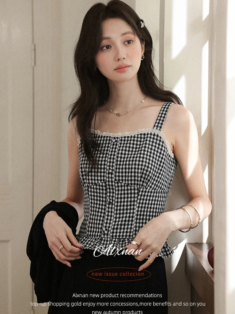 

ALXNAN Checkered Lace Collar Flounce Hem Camisole Summer New Style Slim Fit with Adjustable Short Straps Side Zipper L56761