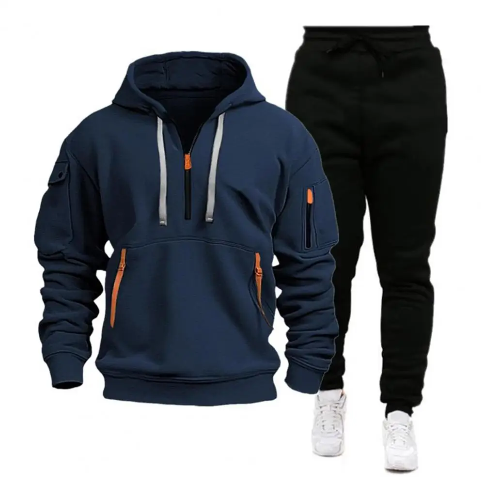 Men Track Suit with Multiple Pockets Men's Hooded Sweatshirt Sweatpants Set for Sportswear Long Sleeve Tracksuit with for Active