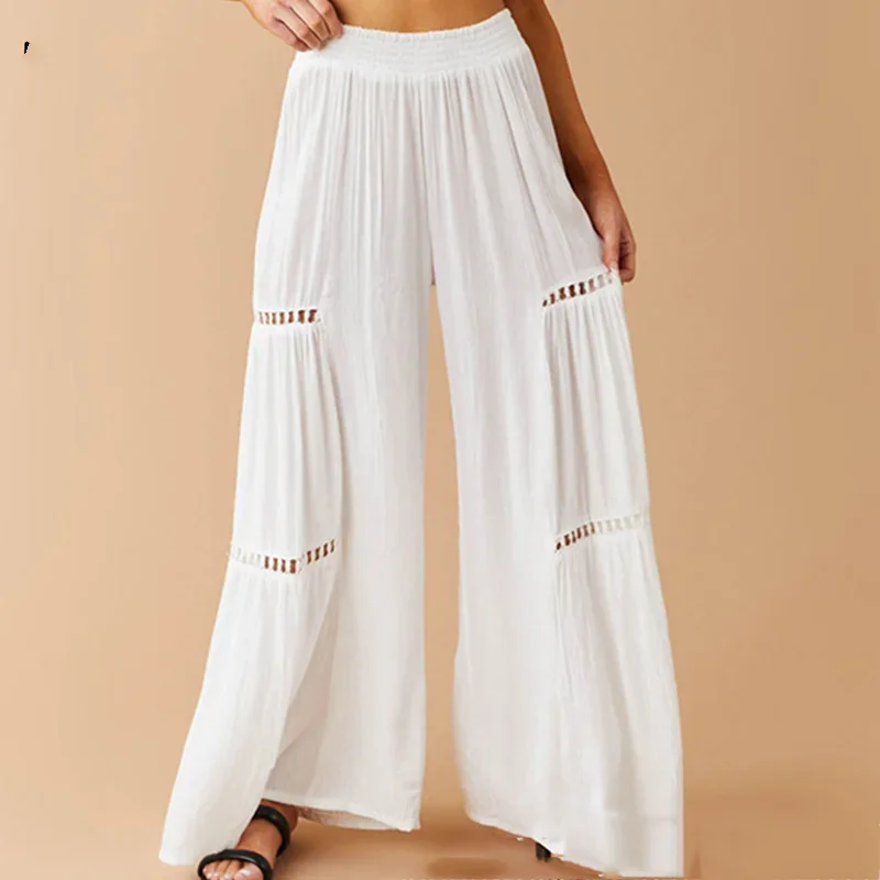 

Spring Autumn Lady White Versatile Elastic High Waist Mopping the Floor Trousers Casual Hollow Out Loose Crumpled Wide Leg Pants