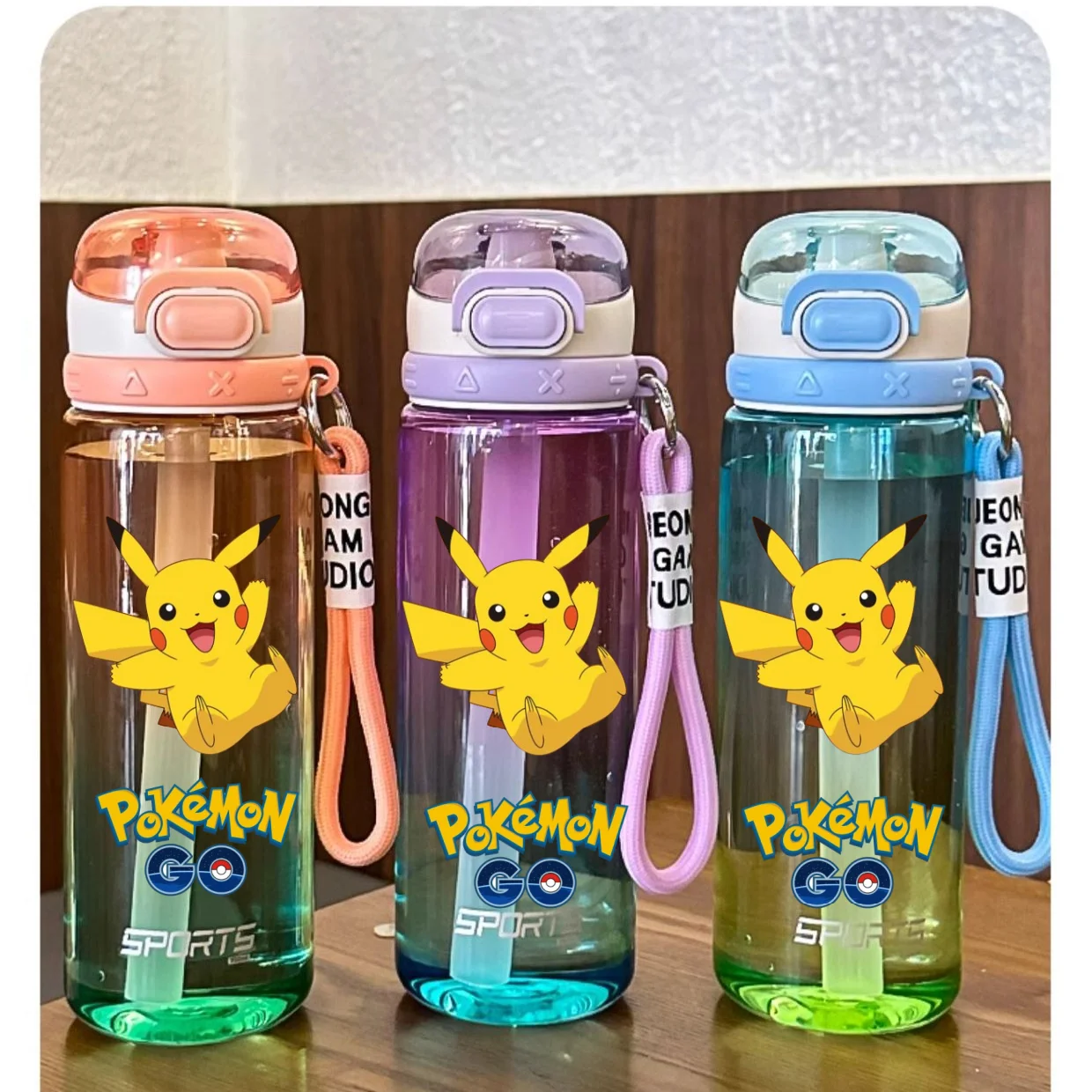750ML Pokemon Water Cup Anime Portable Children\'s Pikachu Gengar Color Gradient Plastic Sports Large Capacity Water Bottle
