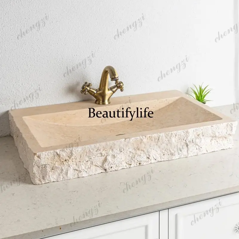 A68 Any Size Custom Natural Travertine Gold Marble Wash Basin Irregular Shape Art Basin Hotel Villa Courtyard