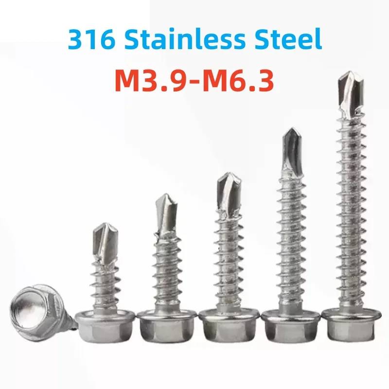 316 Stainless Steel Outer Hex Hexagon Drill Tail Screws M3.9 M4.2 M4.8 M5.5 M6.3 Hex Head Self Drilling Screws  Tapping Screw