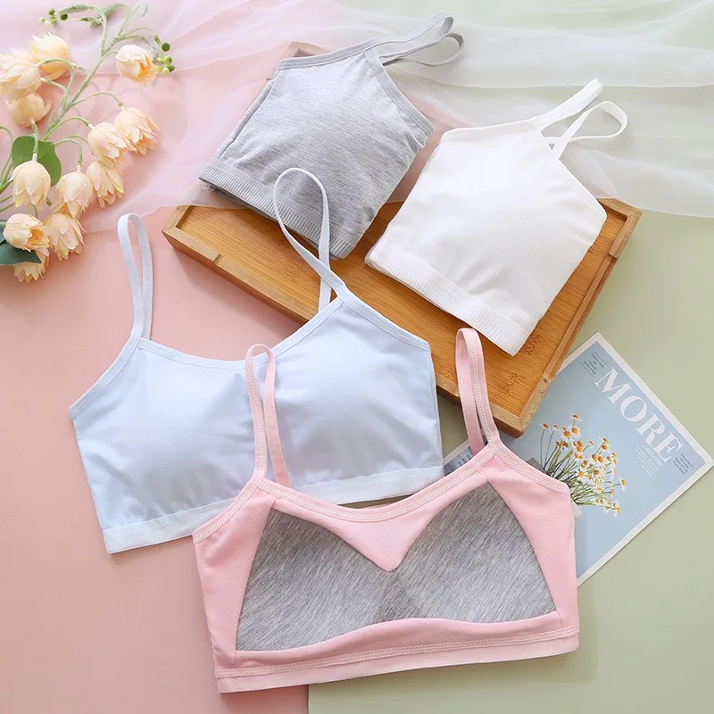 1/4 Sets Cotton Girls Underwear Set Teenage Girls Training Bras and Panties Suit Solid Wireless Fixed Pad Bra with Briefs Set