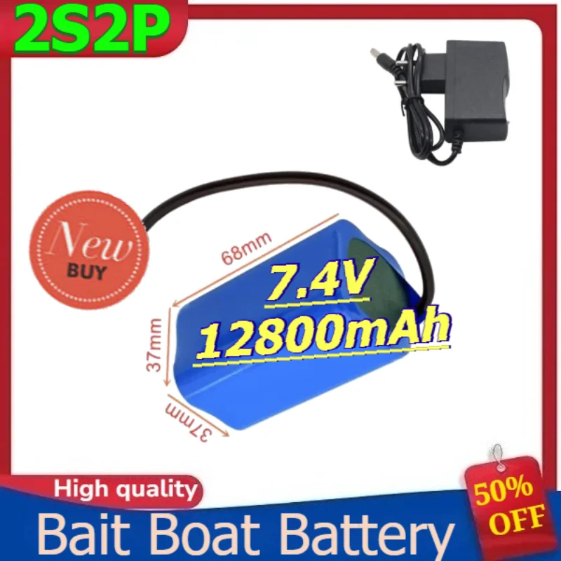 

2S2P Lithium Battery Pack for Bait Boat Remote Control Feeding Boat Battery +8.4V1A Charger 7.4V 12800mAh