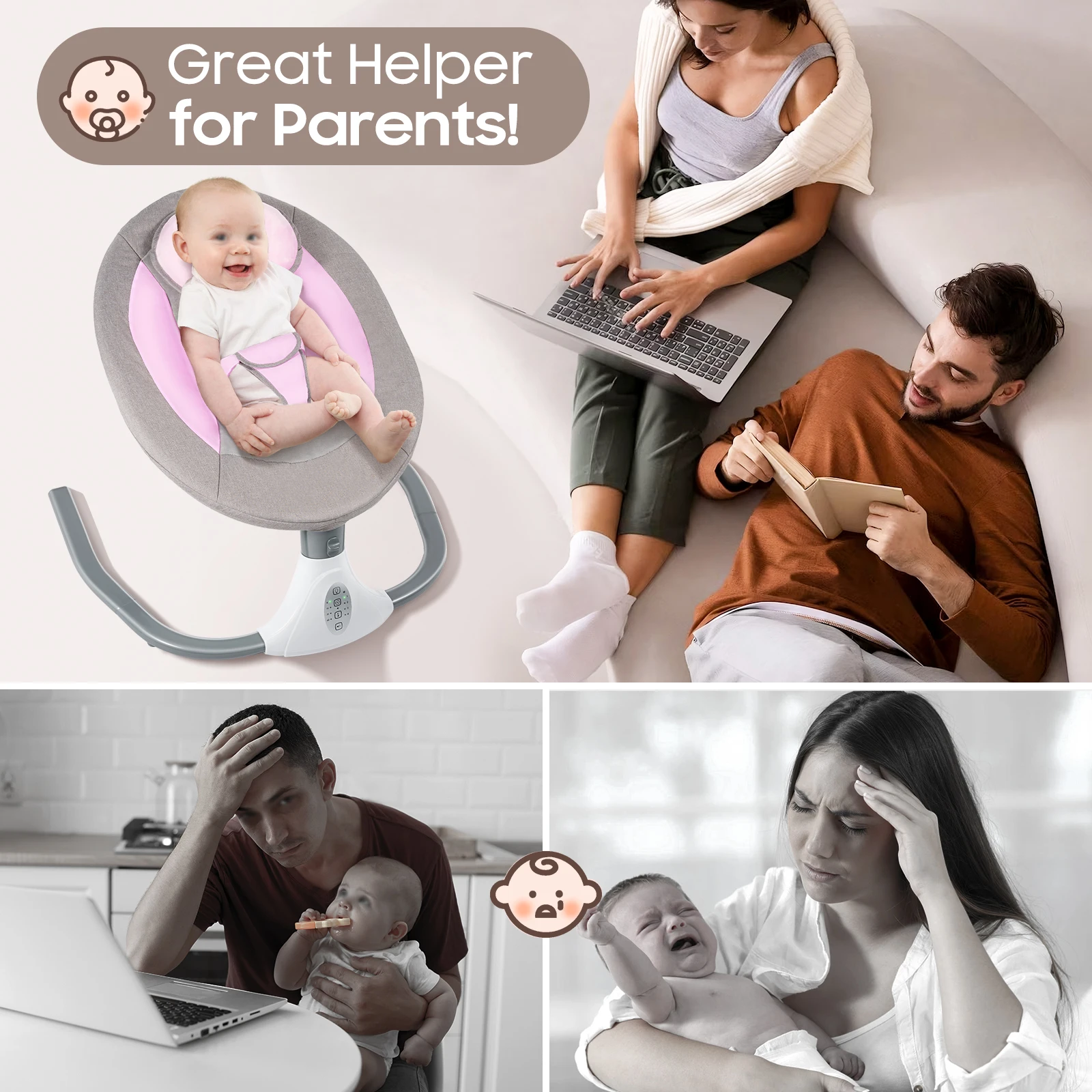 Electric Baby Swing with Bluetooth & Remote Control, 4 Adjustable Swing Angles & Timer, USB Powered, for Babies 0-18 Months, Pink