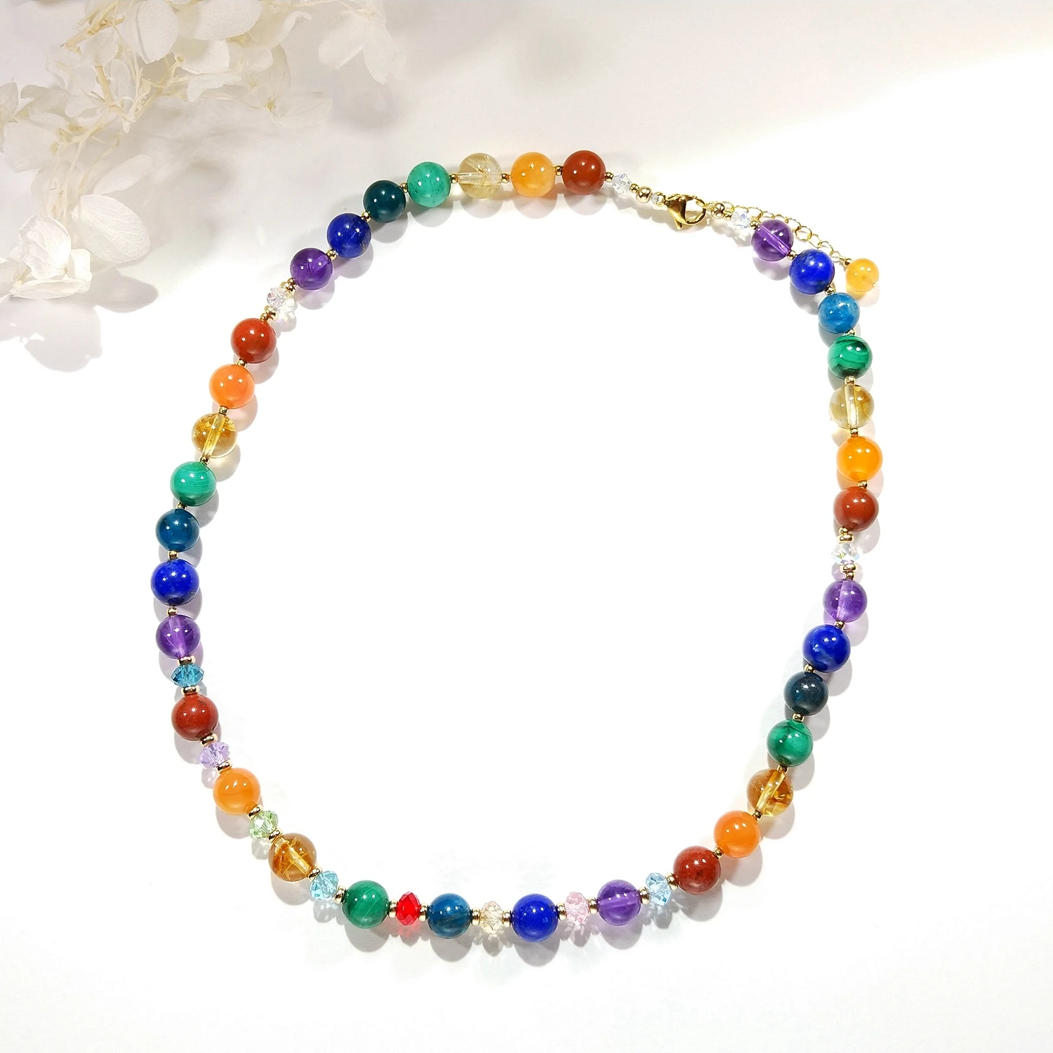 

Lii Ji Rainbow 7 Chakras Natural Stone 8mm 14K Gold Filled Necklace For Women Girls Gift 43+3cm