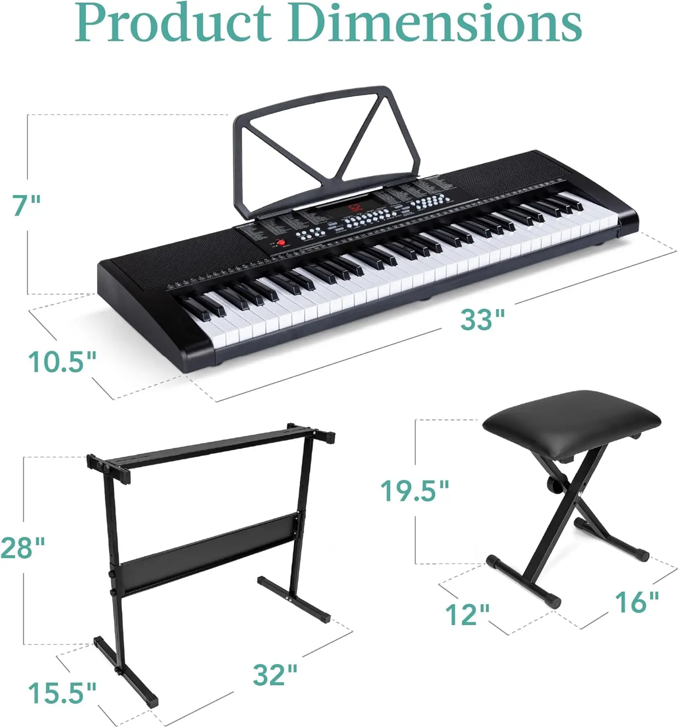 Conjunto de teclado eletrônico portátil para iniciantes, piano 61-chave, teclado elétrico, tela de LED, suporte, banco, fones de ouvido