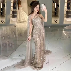 MYMB Gorgerous Dubai Cape Sleeves Mermaid Wedding Guest Gowns Arabic Luxury Caramel Beaded Evening Dresses vestidos de gala 2025