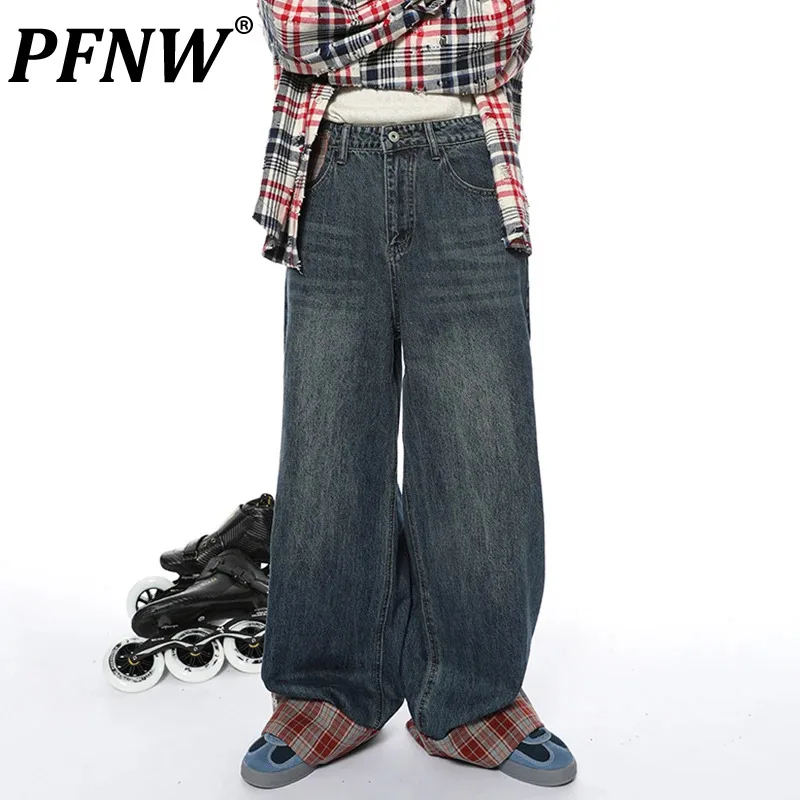 

PFNW American Plaid Rollover Design Male Jeans High Street Patchwork Niche Washed Loose Straight Pants Autumn Trendy New 28W4255