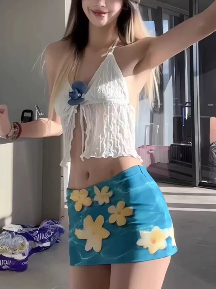 OIINAA ชุดว่ายน้ําเซ็กซี่ผู้หญิงคอลูกไม้ Crop Tops ดอกไม้พิมพ์กระโปรงชายหาดฤดูร้อน 2025 เกาหลี Spice Girls ชุดบิกินี่